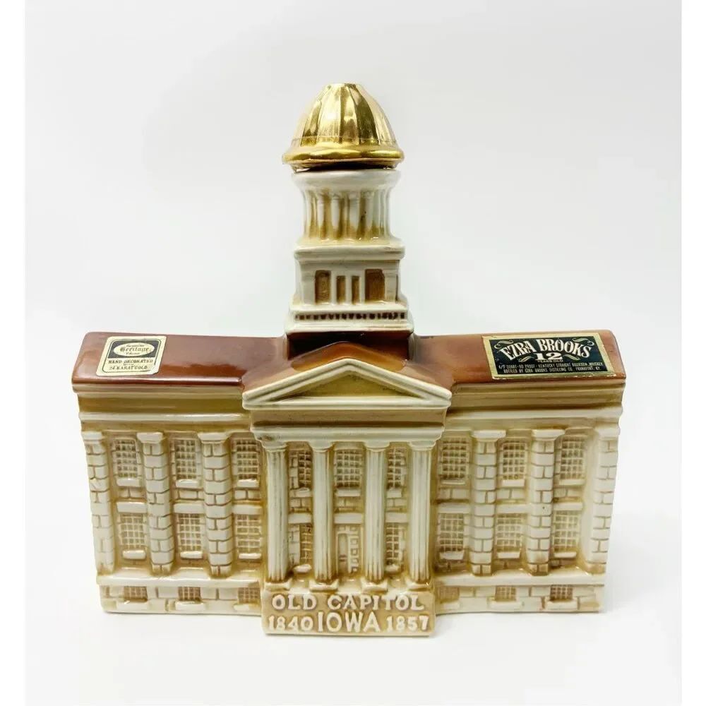 Ezra Brooks Old Capitol Iowa Whiskey Decanter, 1971 Ceramic, 24K Gold